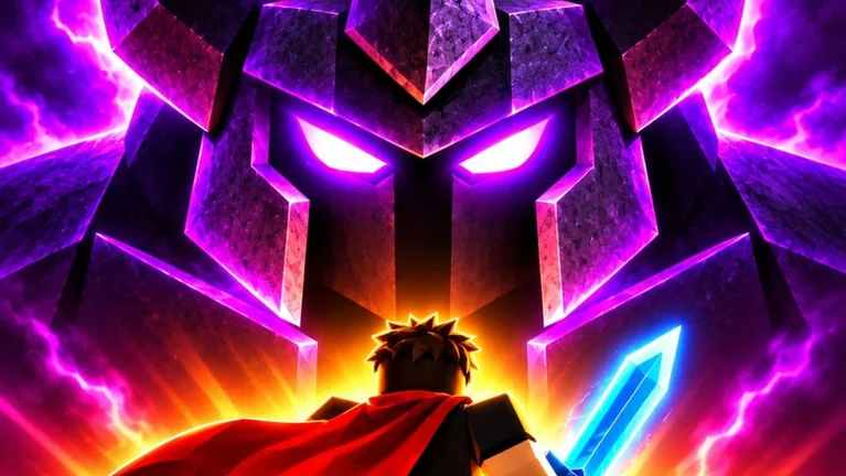 A sword-wielding adventurer faces a colossal armored boss surrounded by violet lightning in BossBound